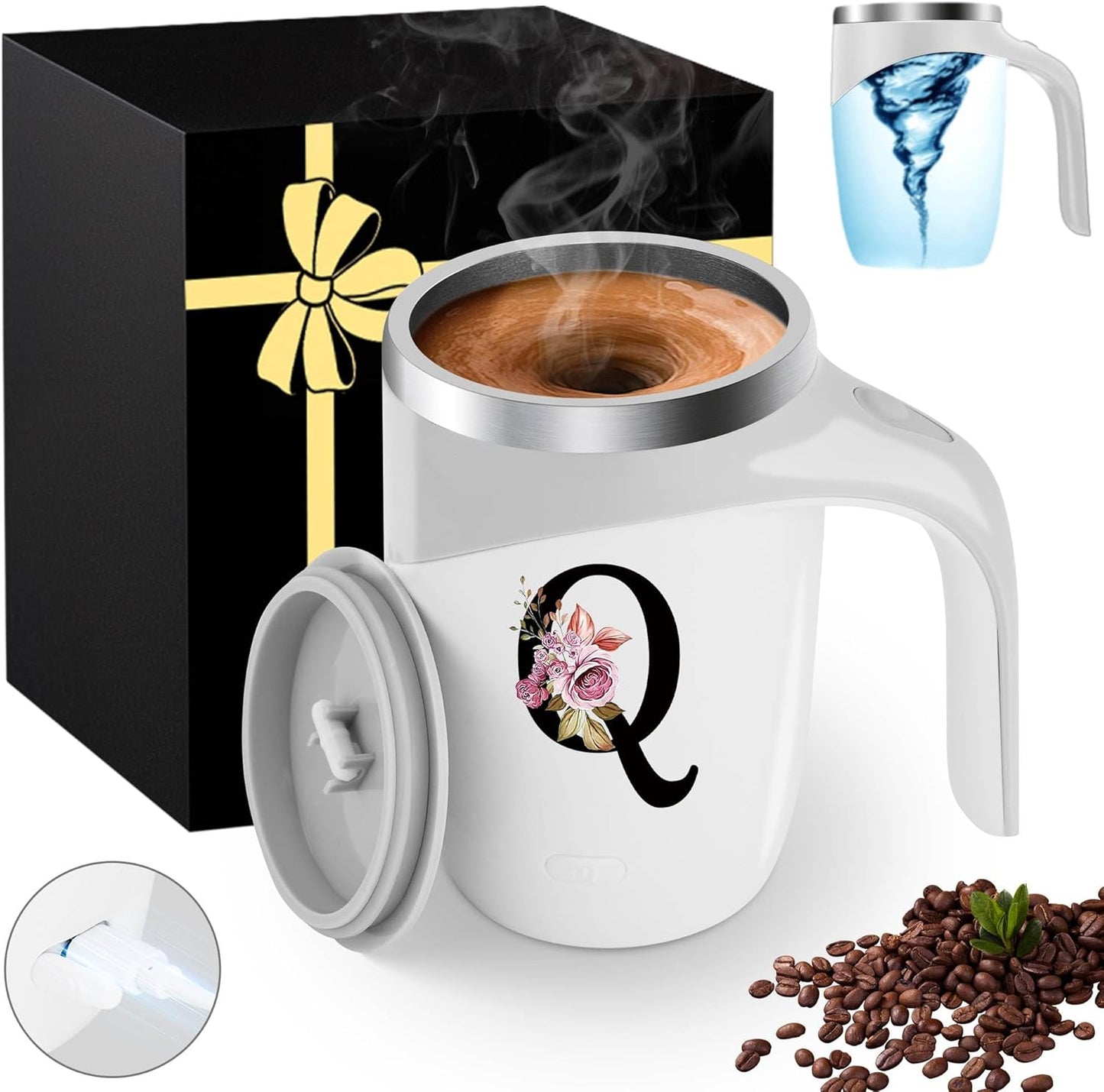 Initial Magnetic Stirring Coffee Mug with Lid Handle Insulated Stainless Steel Spill Leak Proof Heavy Large Reusable Thermal Travel Tea Cup Camping Big Water Tumbler Automatic Self Electric Mixing,A