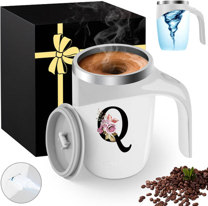 Initial Magnetic Stirring Coffee Mug with Lid Handle Insulated Stainless Steel Spill Leak Proof Heavy Large Reusable Thermal Travel Tea Cup Camping Big Water Tumbler Automatic Self Electric Mixing,A