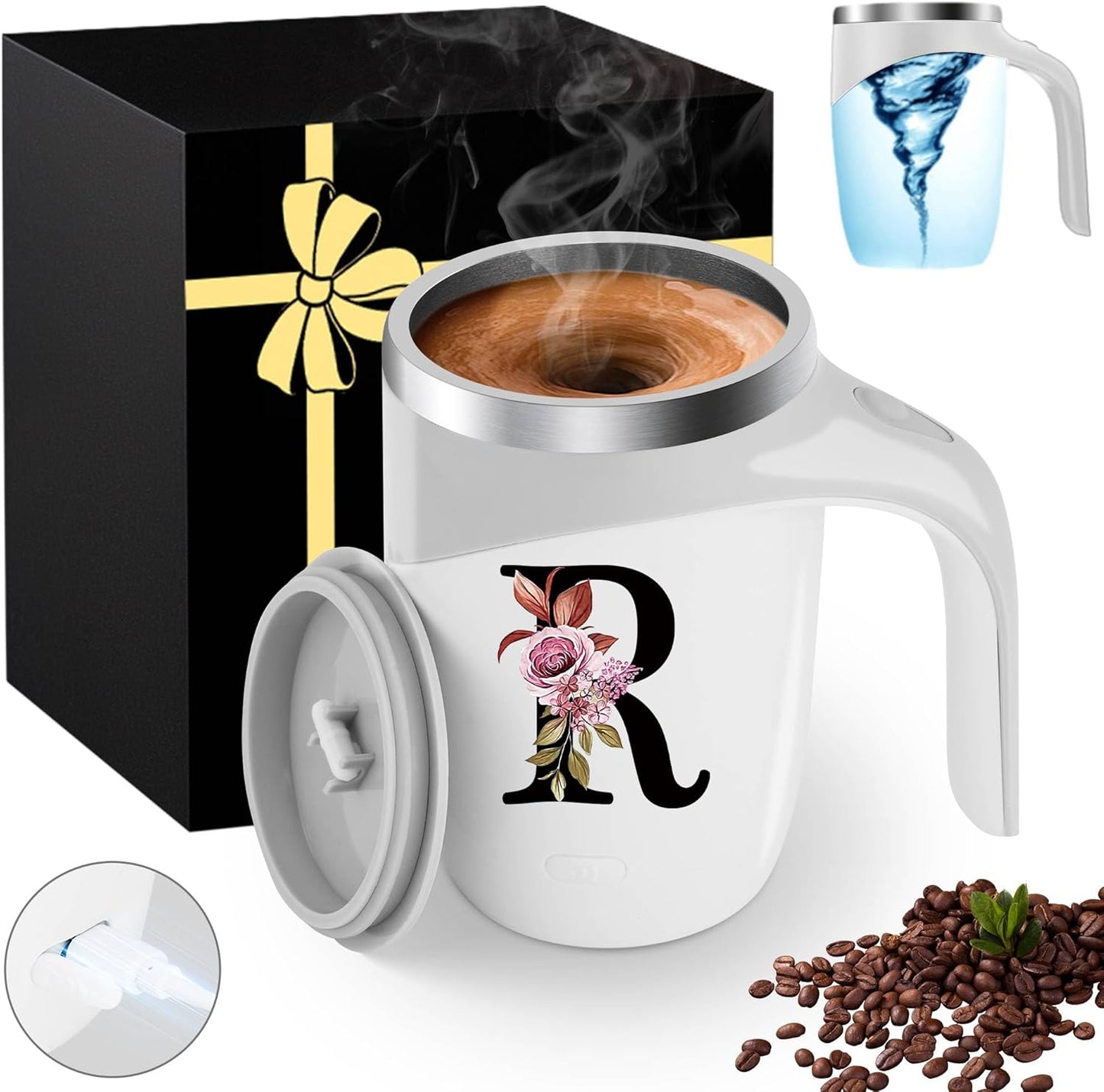 Initial Magnetic Stirring Coffee Mug with Lid Handle Insulated Stainless Steel Spill Leak Proof Heavy Large Reusable Thermal Travel Tea Cup Camping Big Water Tumbler Automatic Self Electric Mixing,A