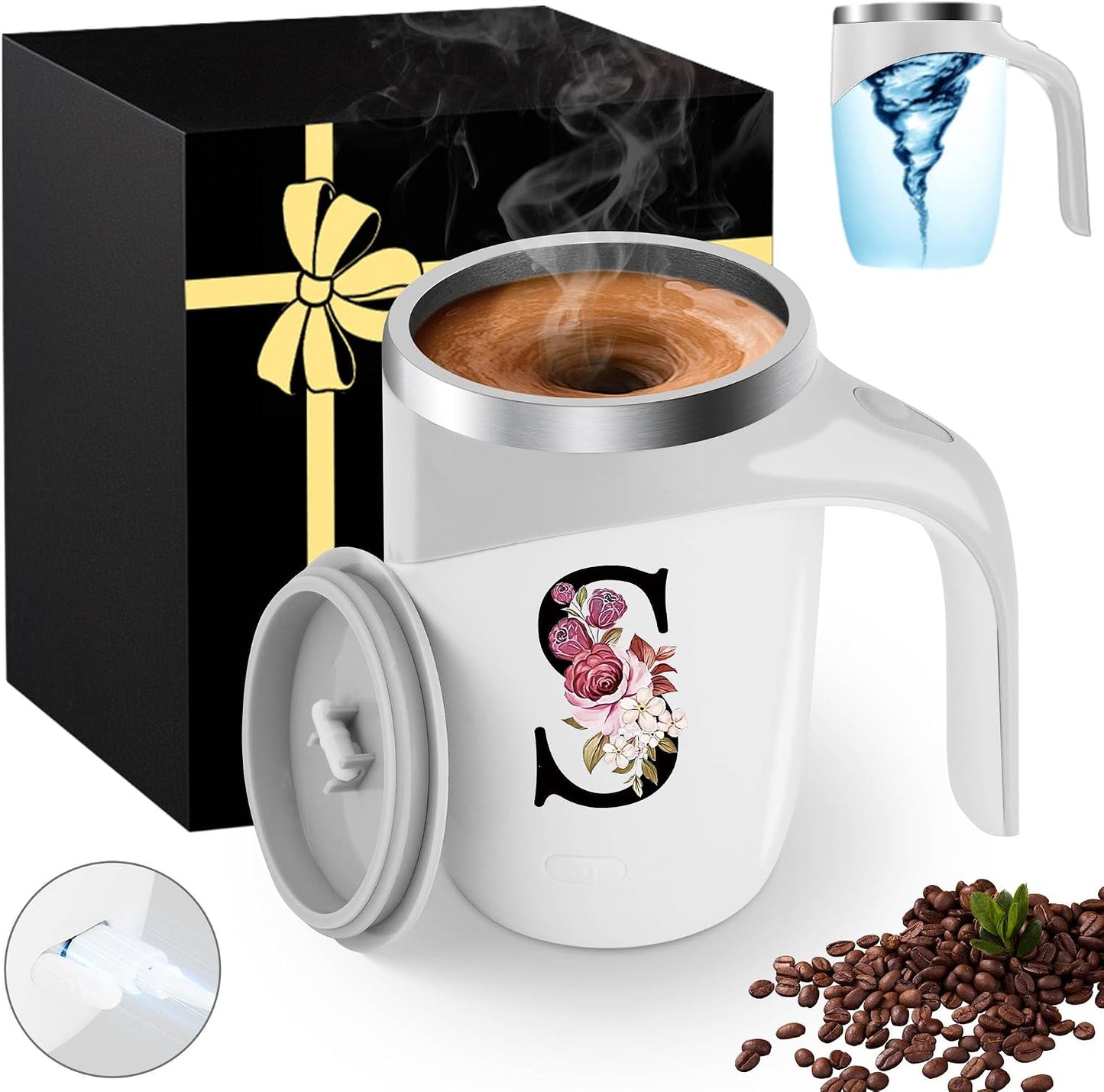 Initial Magnetic Stirring Coffee Mug with Lid Handle Insulated Stainless Steel Spill Leak Proof Heavy Large Reusable Thermal Travel Tea Cup Camping Big Water Tumbler Automatic Self Electric Mixing,A
