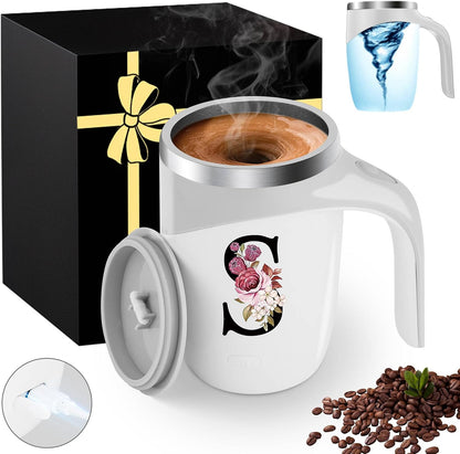 Initial Magnetic Stirring Coffee Mug with Lid Handle Insulated Stainless Steel Spill Leak Proof Heavy Large Reusable Thermal Travel Tea Cup Camping Big Water Tumbler Automatic Self Electric Mixing,A