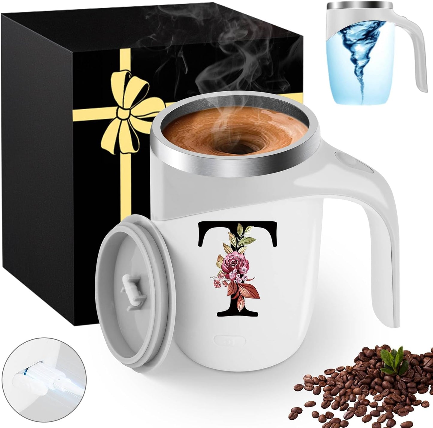 Initial Magnetic Stirring Coffee Mug with Lid Handle Insulated Stainless Steel Spill Leak Proof Heavy Large Reusable Thermal Travel Tea Cup Camping Big Water Tumbler Automatic Self Electric Mixing,A