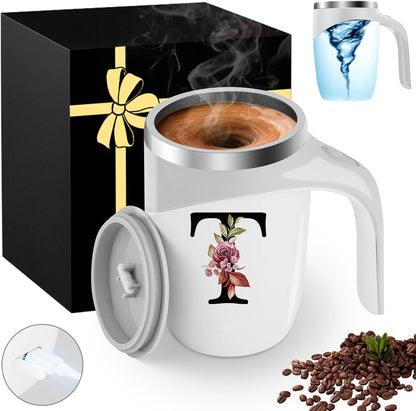 Initial Magnetic Stirring Coffee Mug with Lid Handle Insulated Stainless Steel Spill Leak Proof Heavy Large Reusable Thermal Travel Tea Cup Camping Big Water Tumbler Automatic Self Electric Mixing,A