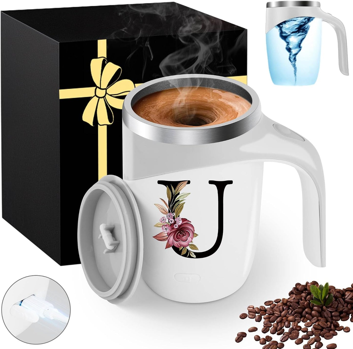 Initial Magnetic Stirring Coffee Mug with Lid Handle Insulated Stainless Steel Spill Leak Proof Heavy Large Reusable Thermal Travel Tea Cup Camping Big Water Tumbler Automatic Self Electric Mixing,A