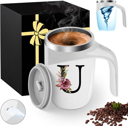 Initial Magnetic Stirring Coffee Mug with Lid Handle Insulated Stainless Steel Spill Leak Proof Heavy Large Reusable Thermal Travel Tea Cup Camping Big Water Tumbler Automatic Self Electric Mixing,A