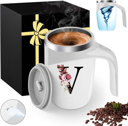 Initial Magnetic Stirring Coffee Mug with Lid Handle Insulated Stainless Steel Spill Leak Proof Heavy Large Reusable Thermal Travel Tea Cup Camping Big Water Tumbler Automatic Self Electric Mixing,A