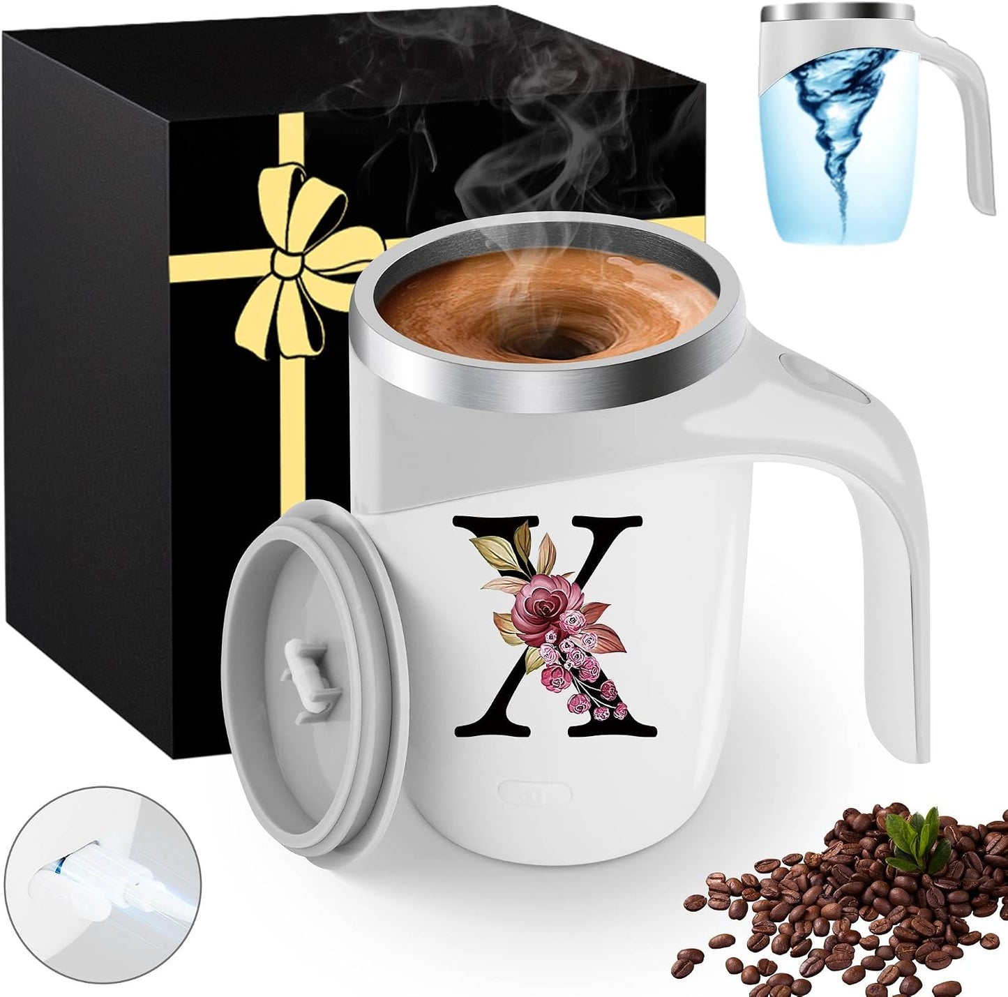 Initial Magnetic Stirring Coffee Mug with Lid Handle Insulated Stainless Steel Spill Leak Proof Heavy Large Reusable Thermal Travel Tea Cup Camping Big Water Tumbler Automatic Self Electric Mixing,A
