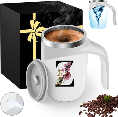 Initial Magnetic Stirring Coffee Mug with Lid Handle Insulated Stainless Steel Spill Leak Proof Heavy Large Reusable Thermal Travel Tea Cup Camping Big Water Tumbler Automatic Self Electric Mixing,A