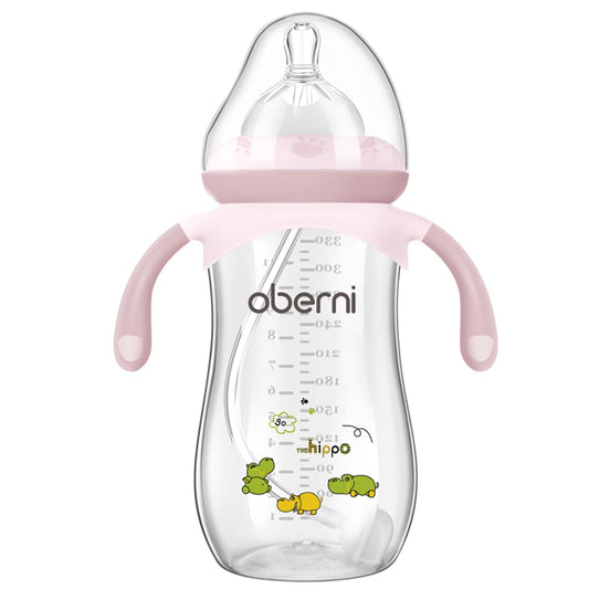 Toddler Milk Bottle 330ml/11oz, Anti-Colic Baby Bottle with Fast Variable Flow Nipple for 12 Months, Weigthed Straw, Non-Slip Handle, Pink/1Pack