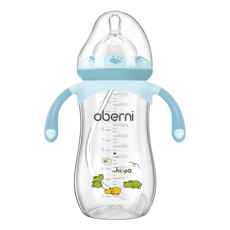 Toddler Milk Bottle 330ml/11oz, Anti-Colic Baby Bottle with Fast Variable Flow Nipple for 12 Months, Weigthed Straw, Non-Slip Handle, Pink/1Pack