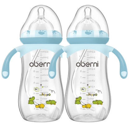 Toddler Milk Bottle 330ml/11oz, Anti-Colic Baby Bottle with Fast Variable Flow Nipple for 12 Months, Weigthed Straw, Non-Slip Handle, Pink/1Pack