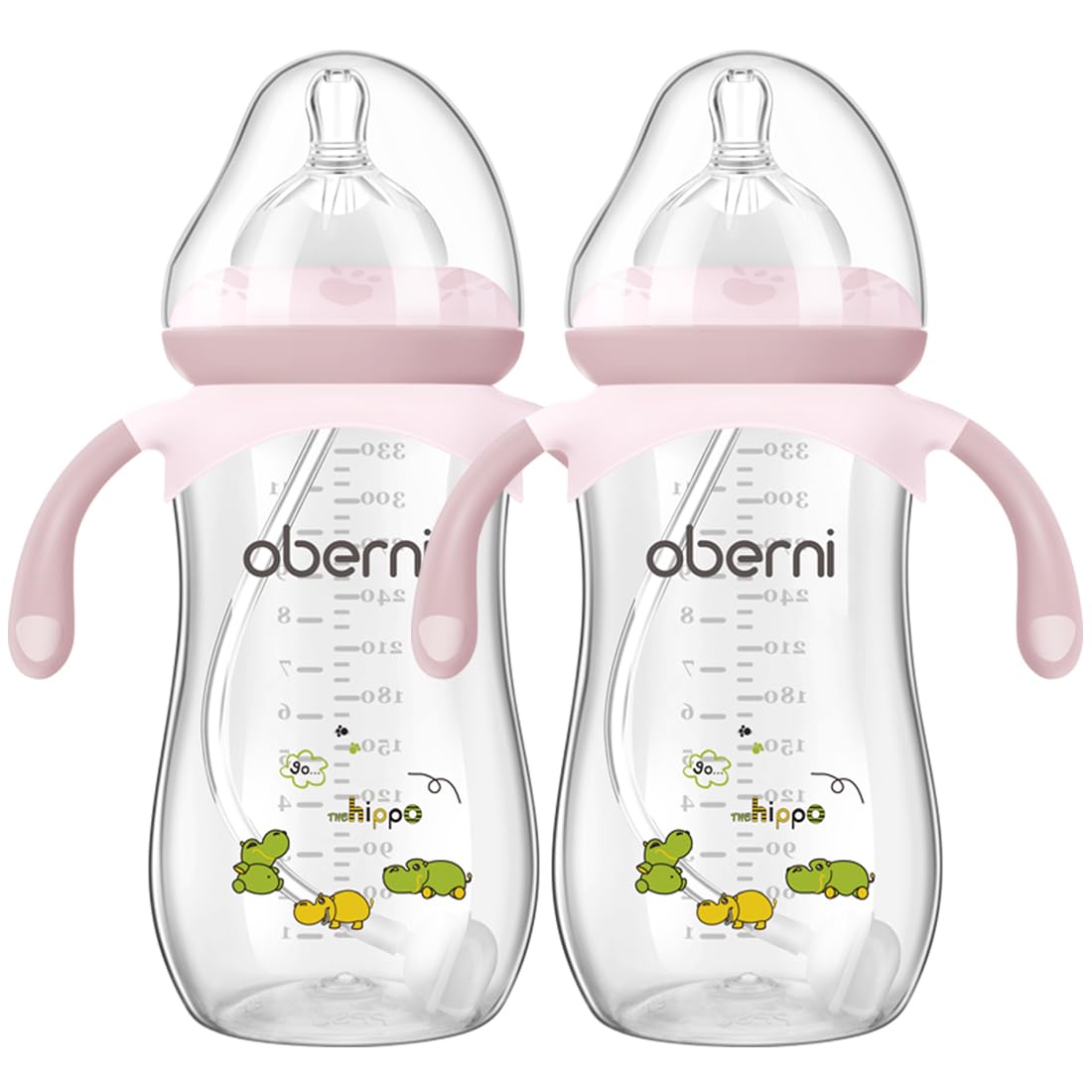 Toddler Milk Bottle 330ml/11oz, Anti-Colic Baby Bottle with Fast Variable Flow Nipple for 12 Months, Weigthed Straw, Non-Slip Handle, Pink/1Pack
