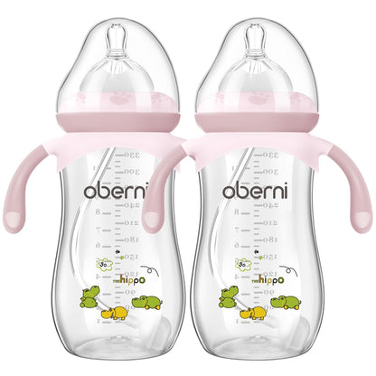 Toddler Milk Bottle 330ml/11oz, Anti-Colic Baby Bottle with Fast Variable Flow Nipple for 12 Months, Weigthed Straw, Non-Slip Handle, Pink/1Pack