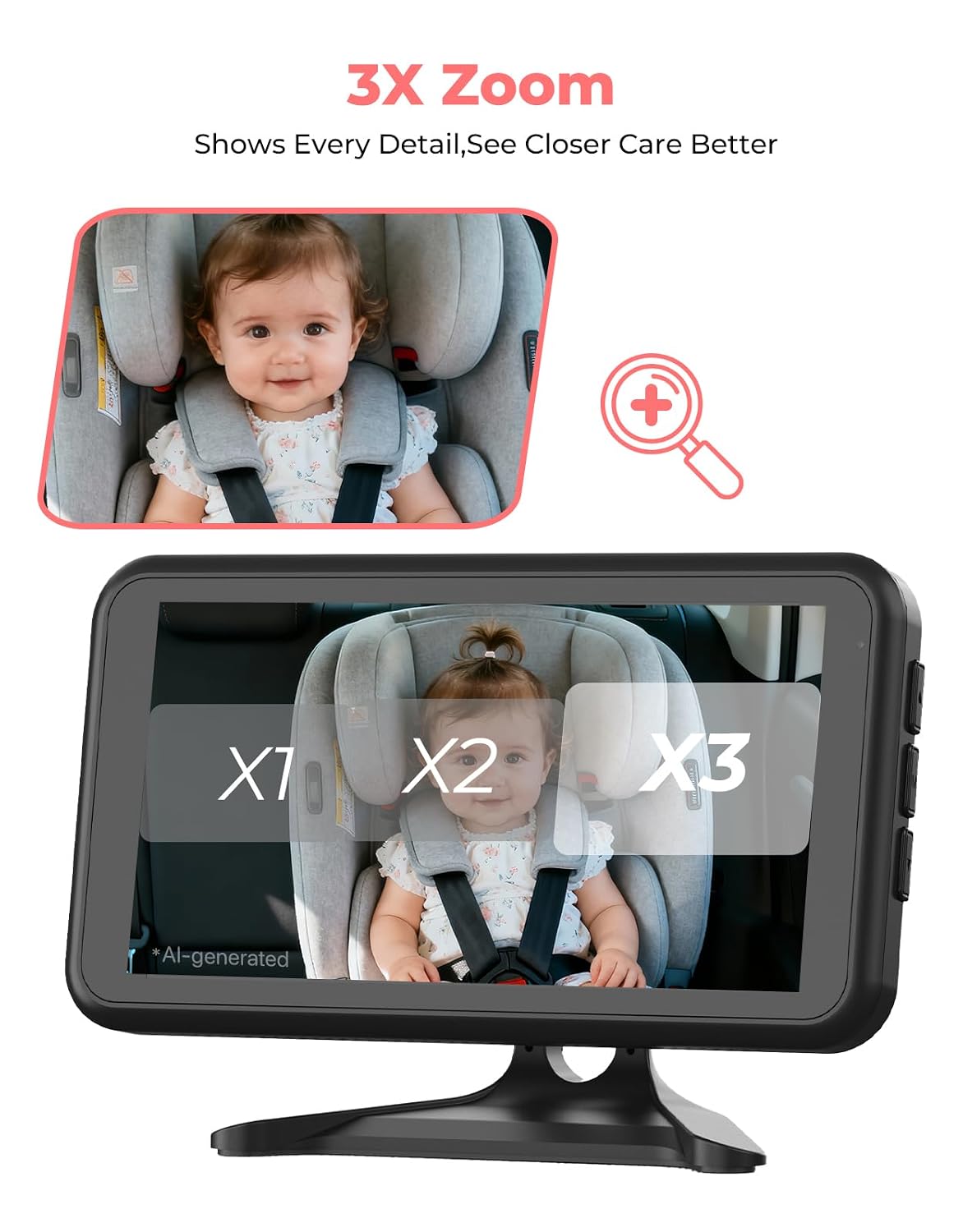 Baby Car Camera 3X Zoom Backseat Camera Monitor