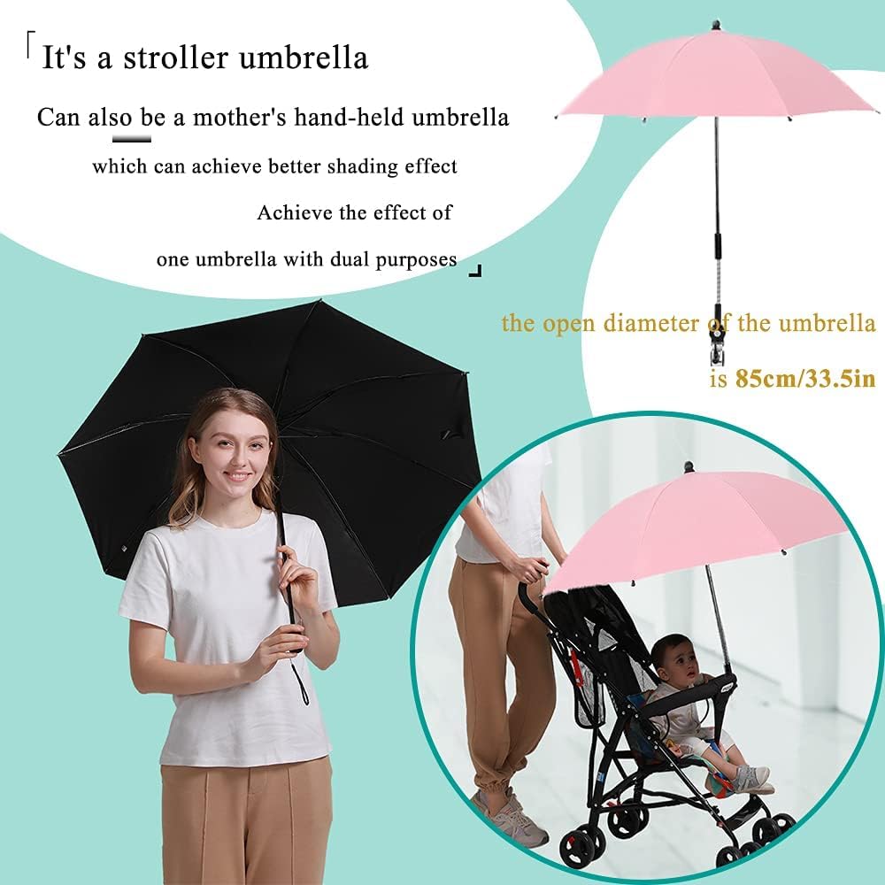 Convenient and Lightweight, Clip-On, Adjustable Steering, Universal, Umbrella Baby Stroller, Stroller Umbrella Attachment for Sun Protection(Pink)