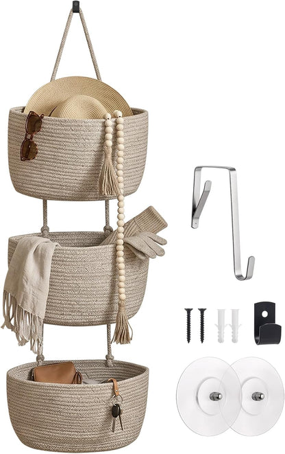 Wall Hanging Rope Baskets 3-Tier Boho Organizers (White & White)