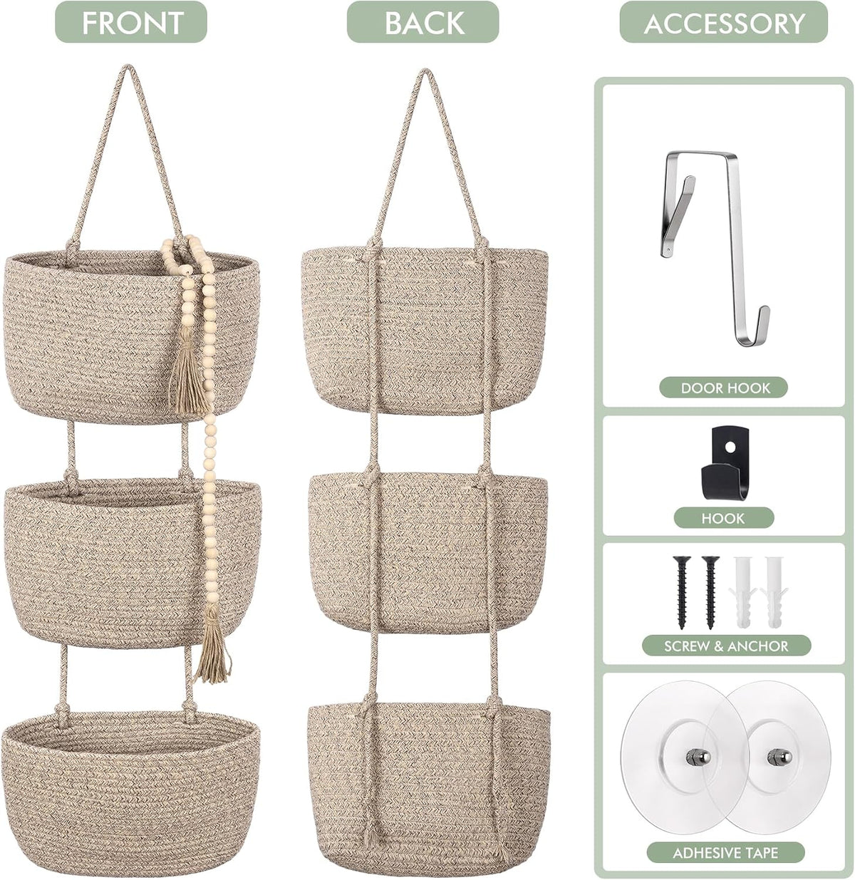 Wall Hanging Rope Baskets 3-Tier Boho Organizers (White & White)