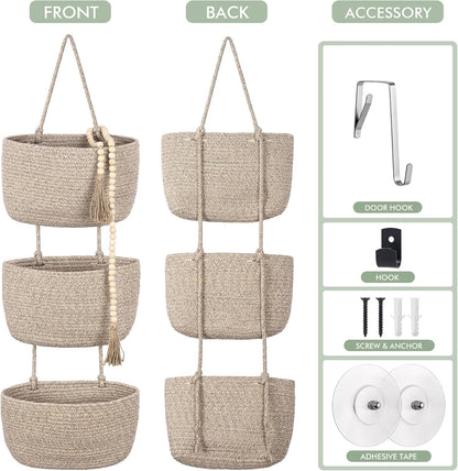 Wall Hanging Rope Baskets 3-Tier Boho Organizers (White & White)