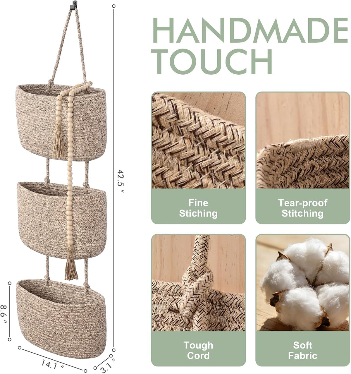 Wall Hanging Rope Baskets 3-Tier Boho Organizers (White & White)