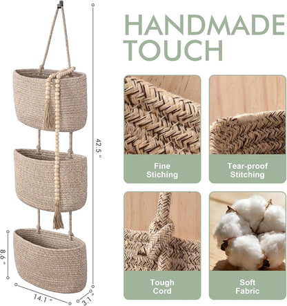 Wall Hanging Rope Baskets 3-Tier Boho Organizers (White & White)