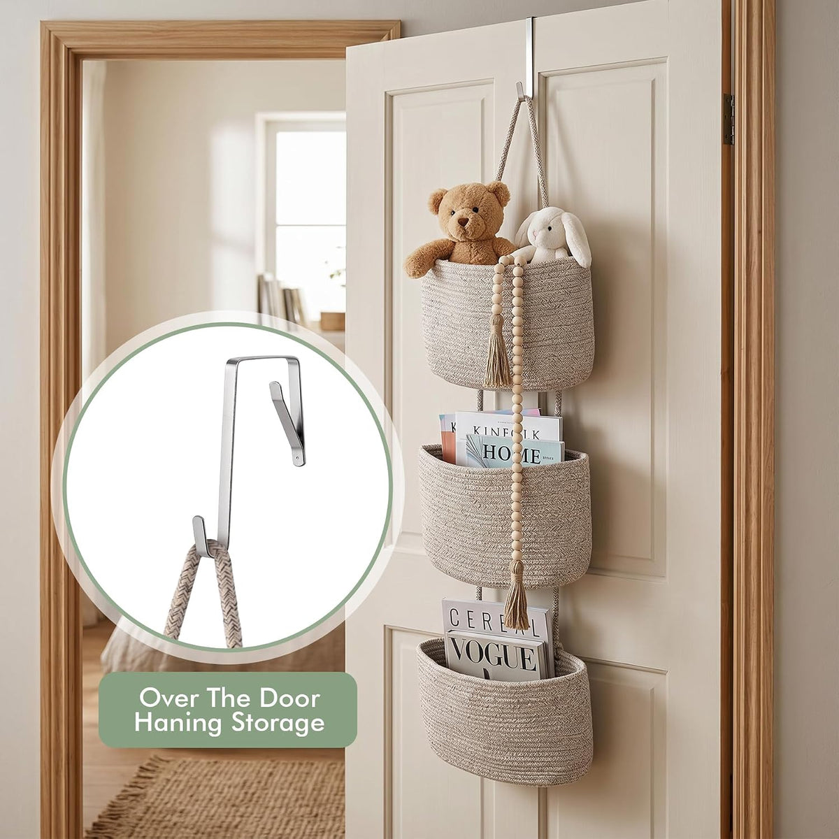 Wall Hanging Rope Baskets 3-Tier Boho Organizers (White & White)
