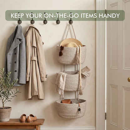 Wall Hanging Rope Baskets 3-Tier Boho Organizers (White & White)