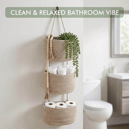 Wall Hanging Rope Baskets 3-Tier Boho Organizers (White & White)