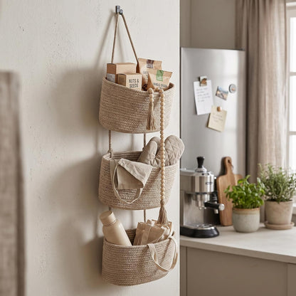 Wall Hanging Rope Baskets 3-Tier Boho Organizers (White & White)