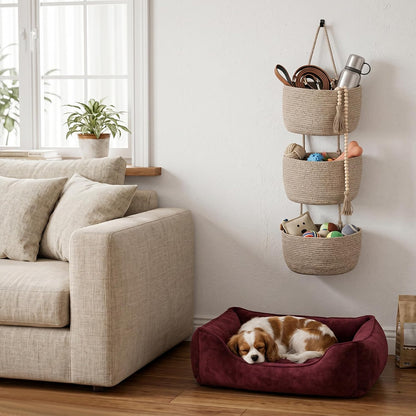 Wall Hanging Rope Baskets 3-Tier Boho Organizers (White & White)