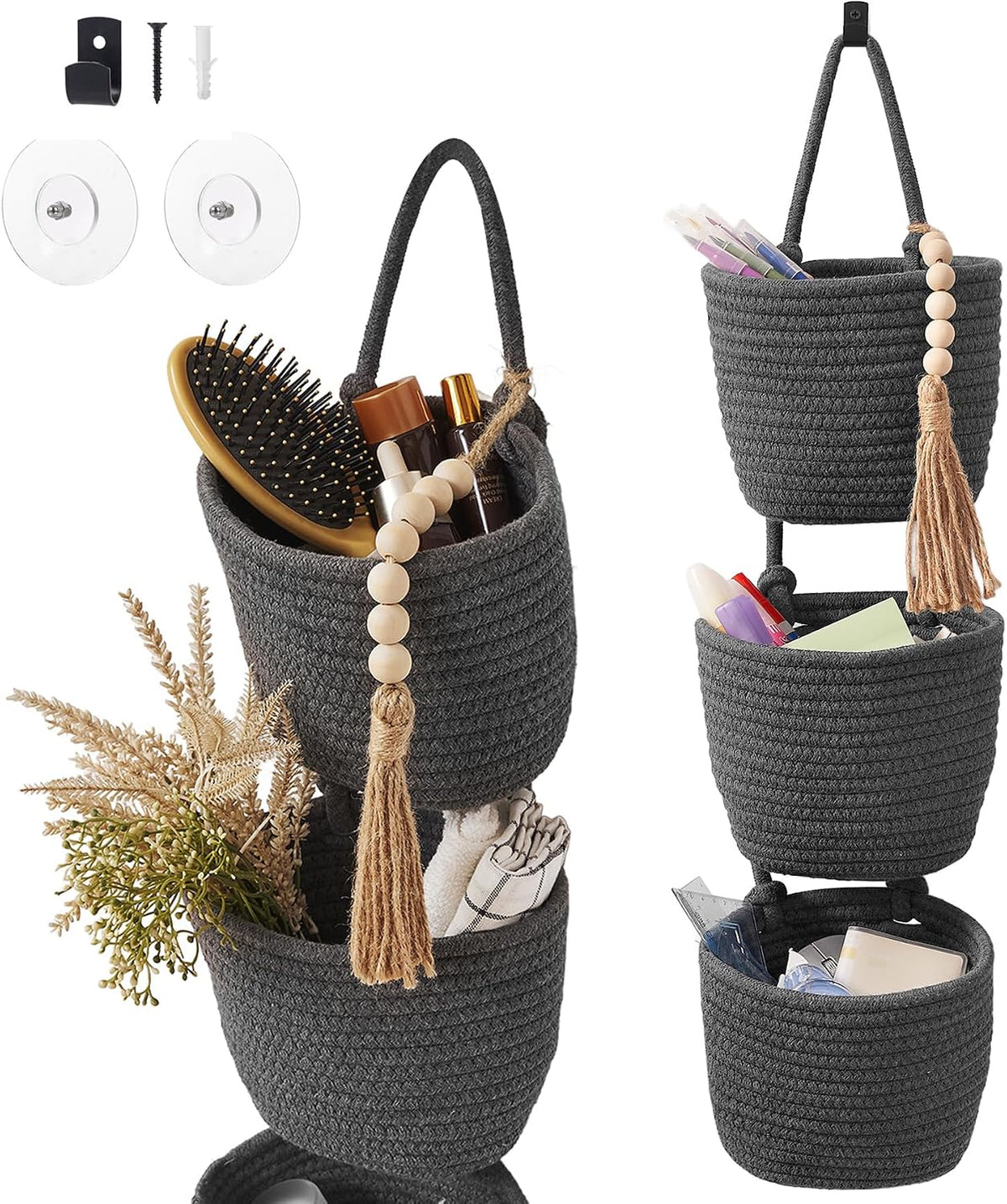 Wall Hanging Rope Baskets 3-Tier Boho Organizers (White & White)