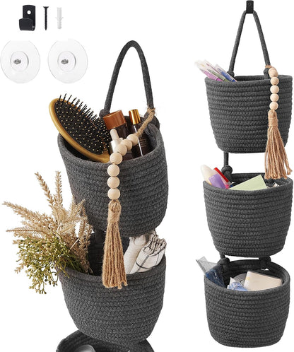 Wall Hanging Rope Baskets 3-Tier Boho Organizers (White & White)