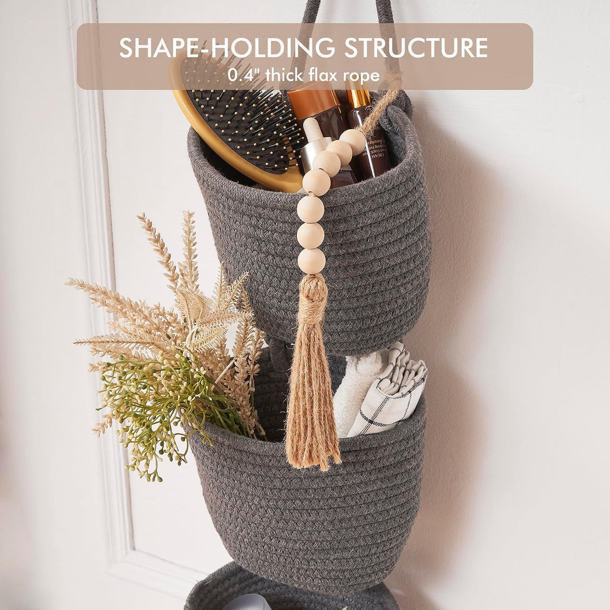 Wall Hanging Rope Baskets 3-Tier Boho Organizers (White & White)