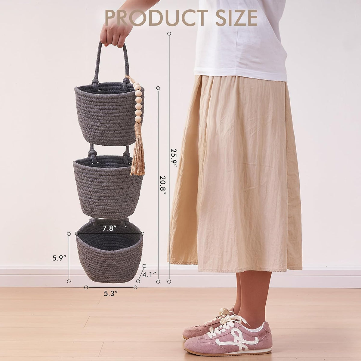 Wall Hanging Rope Baskets 3-Tier Boho Organizers (White & White)