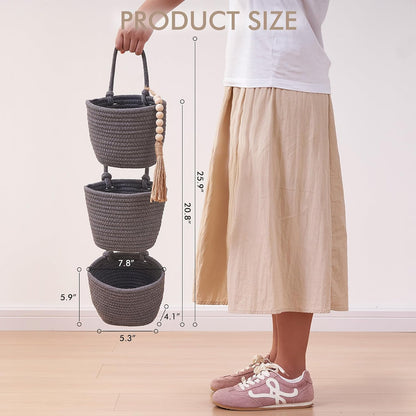 Wall Hanging Rope Baskets 3-Tier Boho Organizers (White & White)