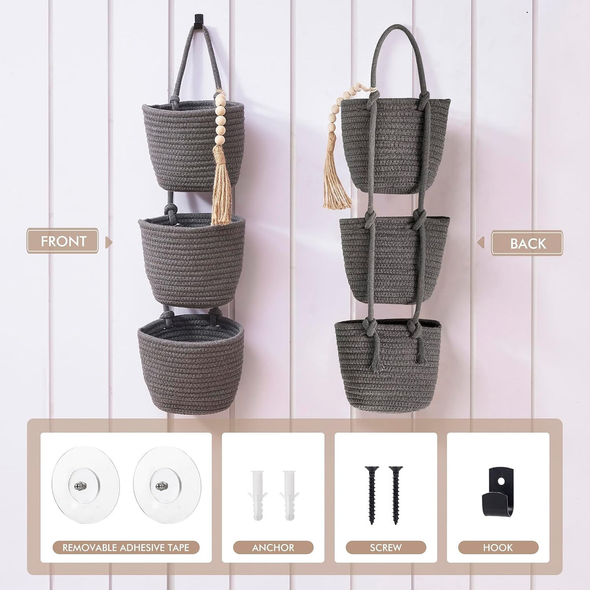 Wall Hanging Rope Baskets 3-Tier Boho Organizers (White & White)