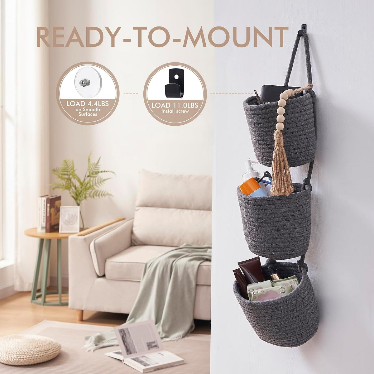 Wall Hanging Rope Baskets 3-Tier Boho Organizers (White & White)
