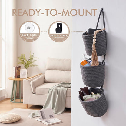 Wall Hanging Rope Baskets 3-Tier Boho Organizers (White & White)