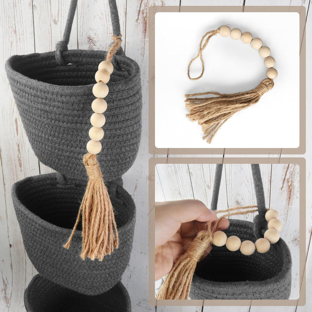 Wall Hanging Rope Baskets 3-Tier Boho Organizers (White & White)