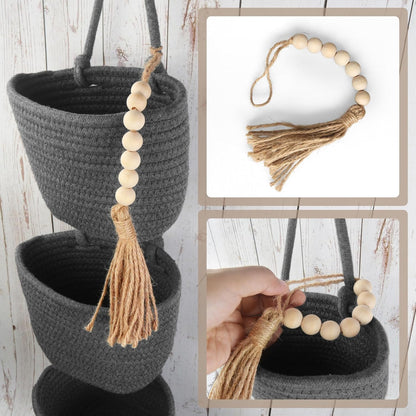 Wall Hanging Rope Baskets 3-Tier Boho Organizers (White & White)