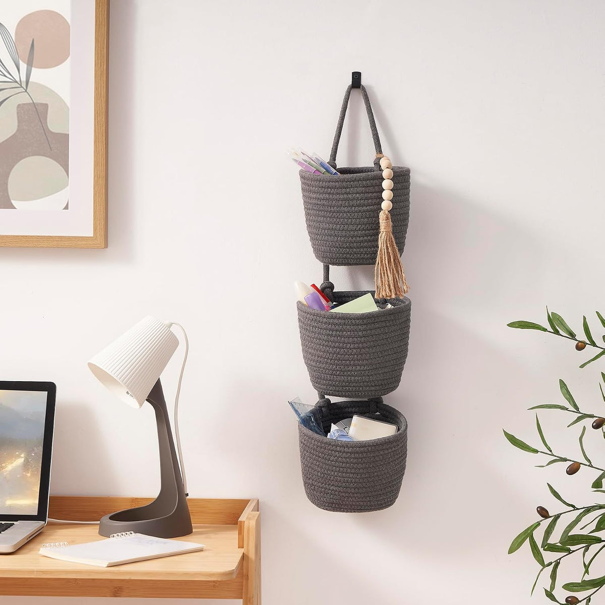 Wall Hanging Rope Baskets 3-Tier Boho Organizers (White & White)