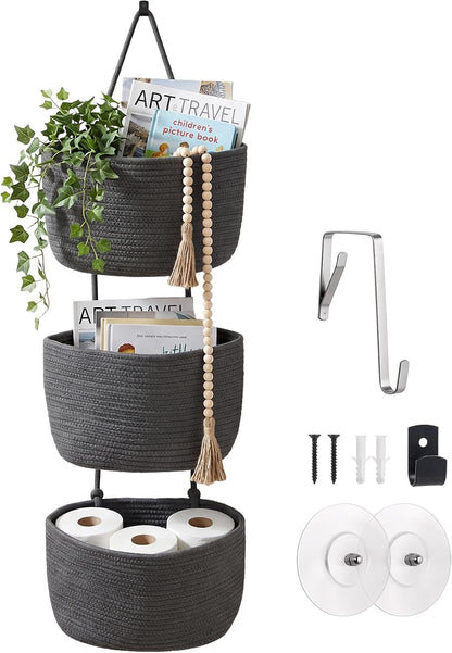 Wall Hanging Rope Baskets 3-Tier Boho Organizers (White & White)