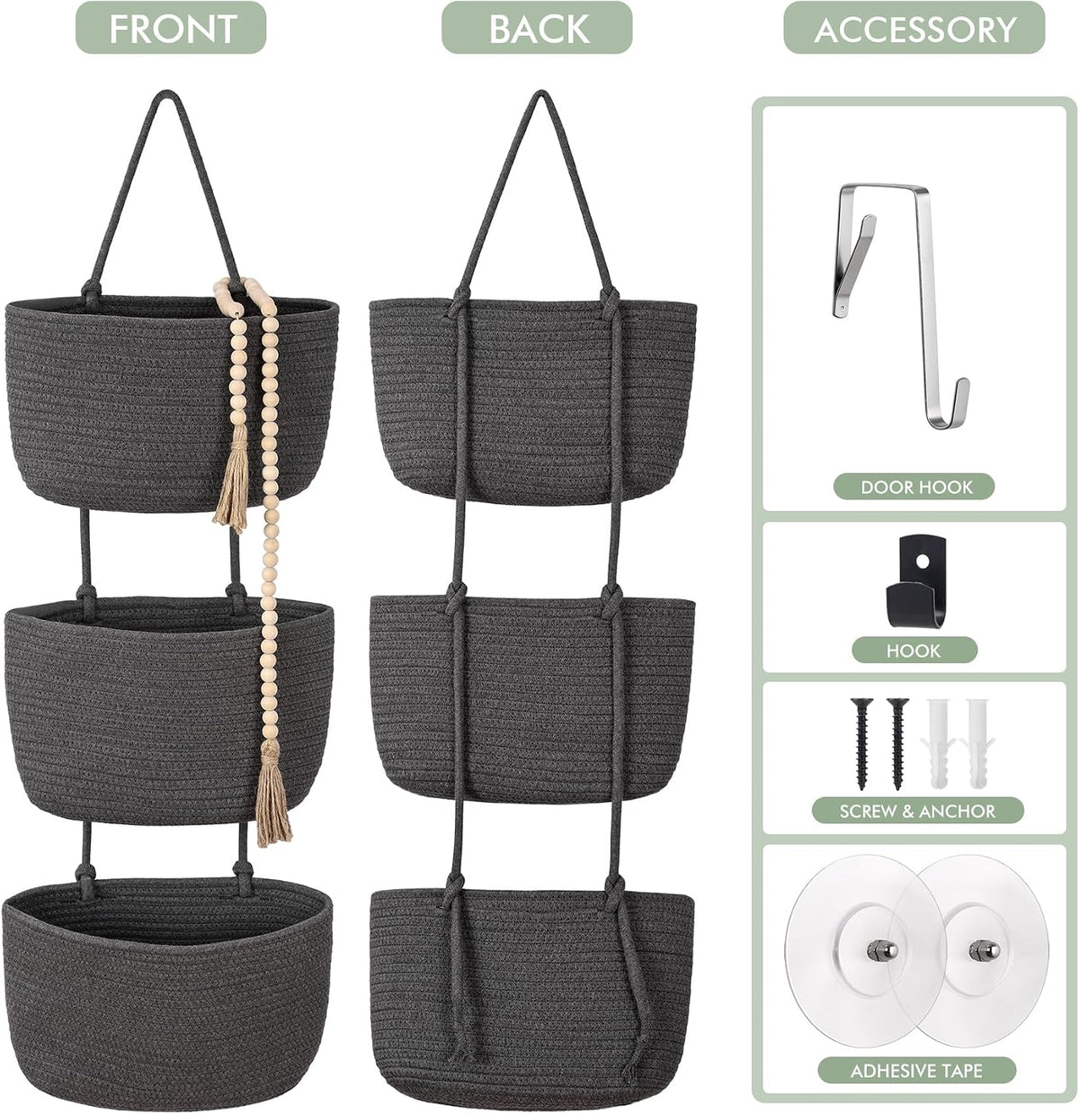 Wall Hanging Rope Baskets 3-Tier Boho Organizers (White & White)