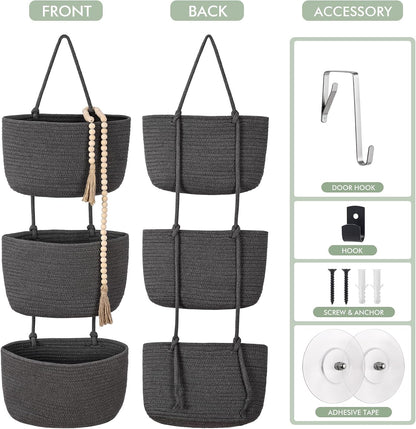 Wall Hanging Rope Baskets 3-Tier Boho Organizers (White & White)