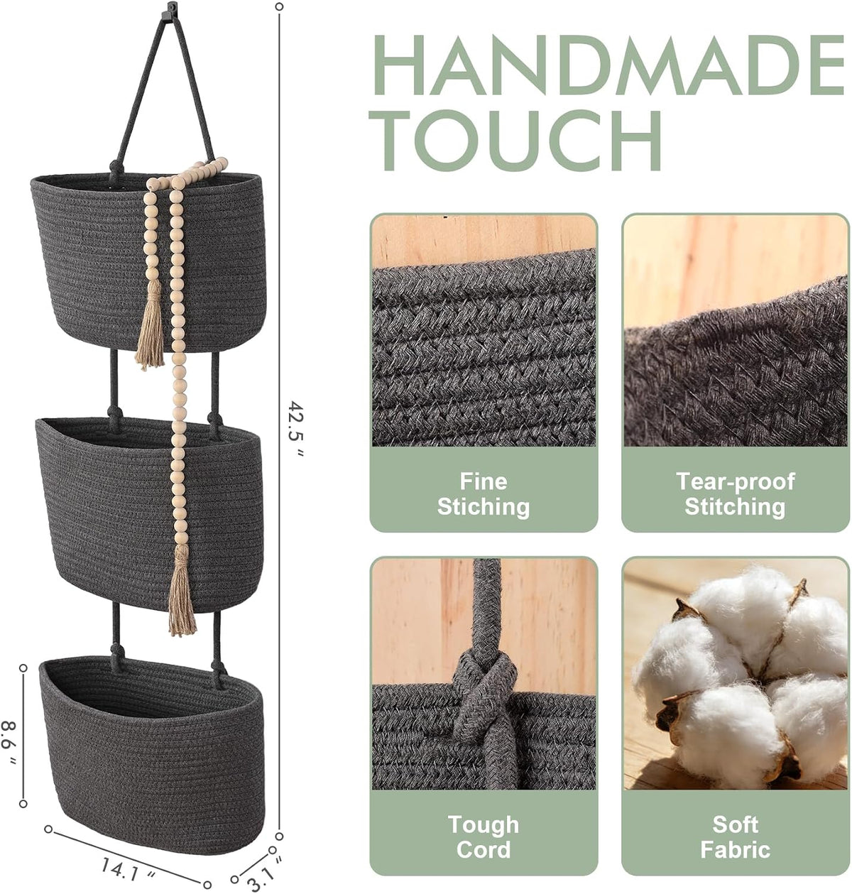 Wall Hanging Rope Baskets 3-Tier Boho Organizers (White & White)