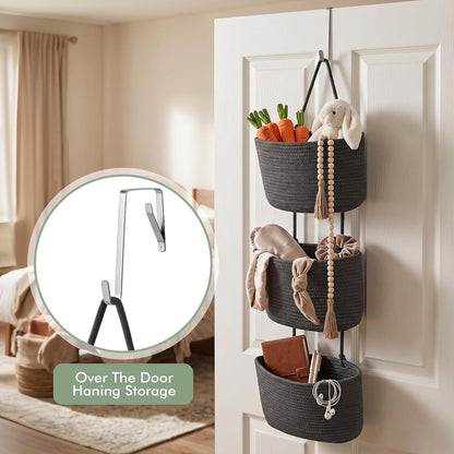 Wall Hanging Rope Baskets 3-Tier Boho Organizers (White & White)