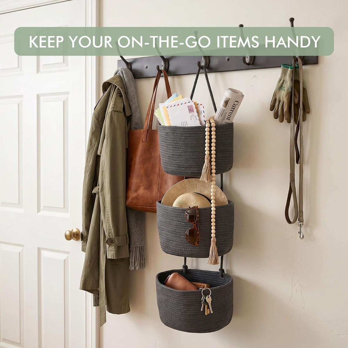 Wall Hanging Rope Baskets 3-Tier Boho Organizers (White & White)