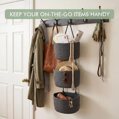 Wall Hanging Rope Baskets 3-Tier Boho Organizers (White & White)
