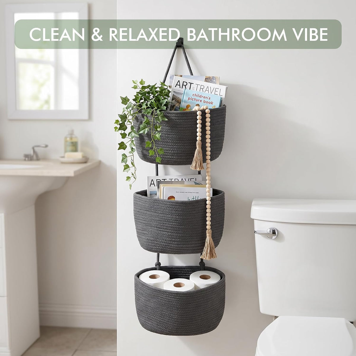 Wall Hanging Rope Baskets 3-Tier Boho Organizers (White & White)