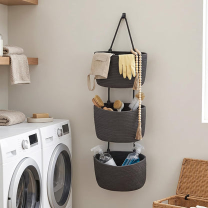 Wall Hanging Rope Baskets 3-Tier Boho Organizers (White & White)