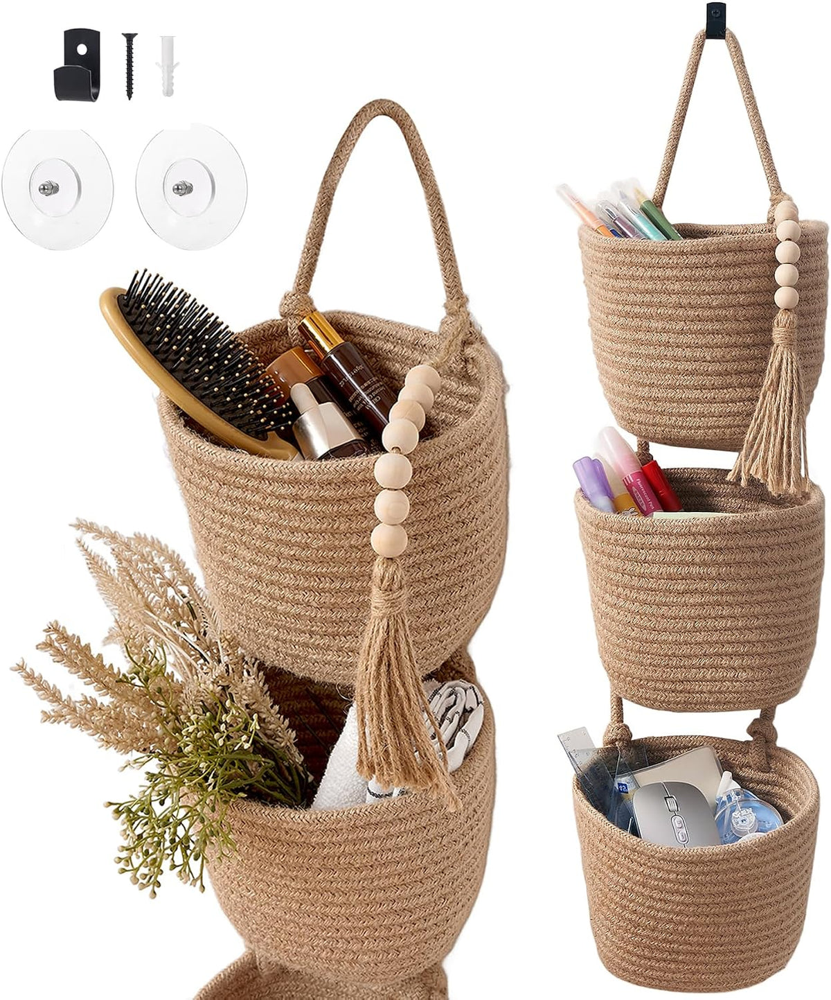 Wall Hanging Rope Baskets 3-Tier Boho Organizers (White & White)